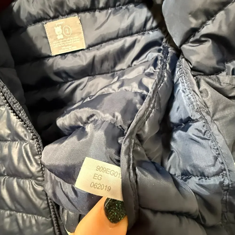 Primary Toddler Sz 2T Lightweight Water Repellent Puffer Jacket Navy‎ Blue Hood